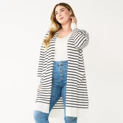 Plus Size Nine West Long Open-Front Cardigan -Adidas shop 5571922 Black Stripe