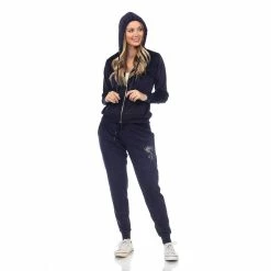 Women's White Mark Rhinestone 2-Piece Velour Tracksuit Set -Adidas shop 5656824 Navy