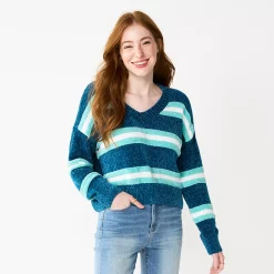 Juniors' SO® V-Neck Chenille Pullover Sweater -Adidas shop 5696161 Teal Stripe