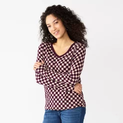 Petite Sonoma Goods For Life® Everyday Long Sleeve V-Neck Top -Adidas shop 5705363 Berry Checkerboard