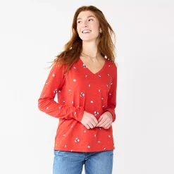 Petite Sonoma Goods For Life® Everyday Long Sleeve V-Neck Top -Adidas shop 5705363 Red Scatter Floral