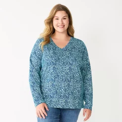 Plus Size Sonoma Goods For Life® Favorite Long Sleeve V-Neck Tee -Adidas shop 5705505 Blue Floral
