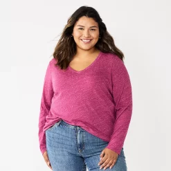 Plus Size Sonoma Goods For Life® Favorite Long Sleeve V-Neck Tee -Adidas shop 5705505 Dark Pink