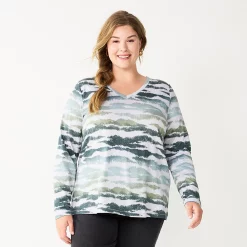 Plus Size Sonoma Goods For Life® Favorite Long Sleeve V-Neck Tee -Adidas shop 5705505 Gray Animal Print