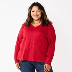 Plus Size Sonoma Goods For Life® Favorite Long Sleeve V-Neck Tee -Adidas shop 5705505 Inviting Red