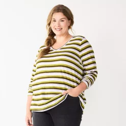Plus Size Sonoma Goods For Life® Favorite Long Sleeve V-Neck Tee -Adidas shop 5705505 Olive Stripe