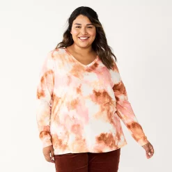 Plus Size Sonoma Goods For Life® Favorite Long Sleeve V-Neck Tee -Adidas shop 5705505 Pink Multi Dye