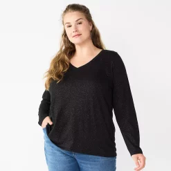 Plus Size Sonoma Goods For Life® Favorite Long Sleeve V-Neck Tee -Adidas shop 5705505 Pitch Black