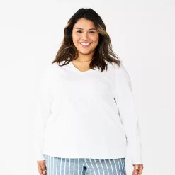 Plus Size Sonoma Goods For Life® Favorite Long Sleeve V-Neck Tee -Adidas shop 5705505 White